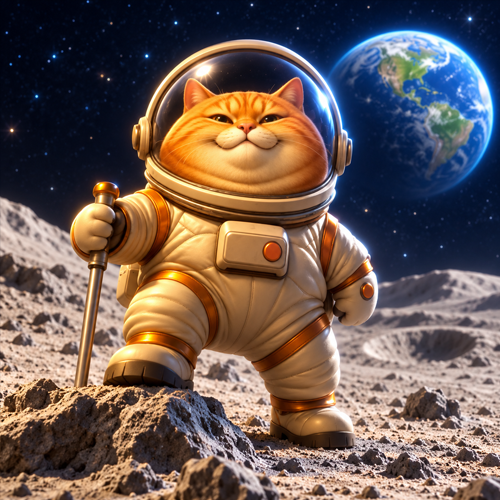 Mooncat in a white and gold spacesuit standing on the moon