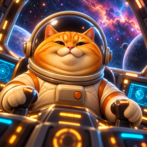 Mooncat piloting a spacecraft through a nebula