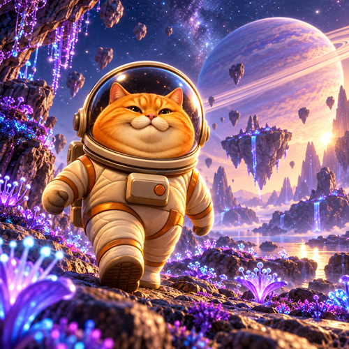 Mooncat walking across a glowing alien landscape